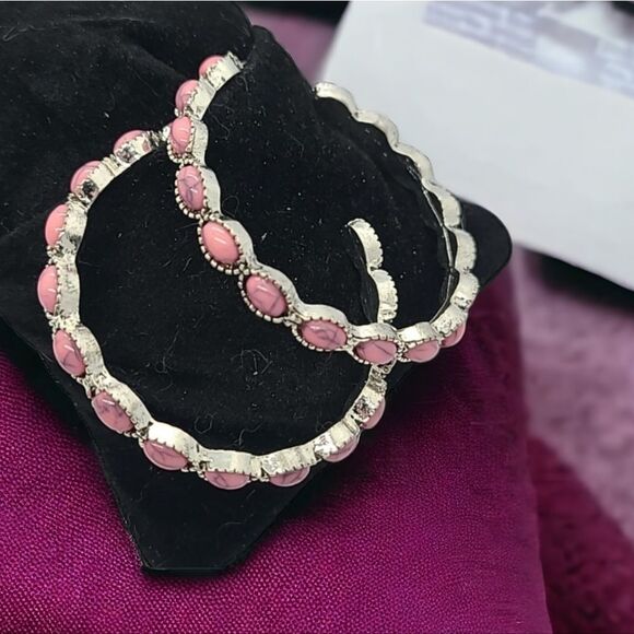 Pink Beaded Bohemian Silver Hoop Earrings Boho Native Western Tribal Jewelry - Picture 1 of 9
